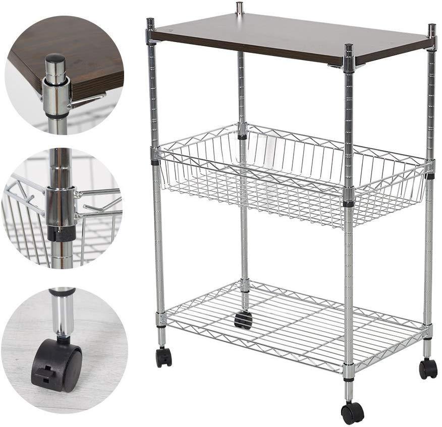 3-Tier Wire Rolling Cart Kitchen Shelf Organizer Rack with Chopping Board and Wheels Shelving Unit Storage Cart - Bosonshop