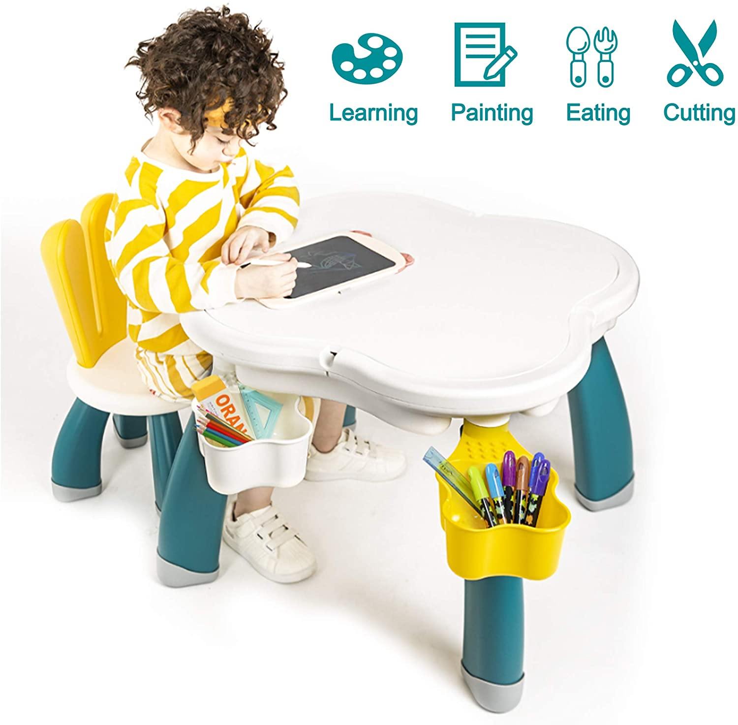 Kids Multi Activity Table with 1 Rabbit Chair Set Building Blocks Compatible Bricks Toy - Bosonshop