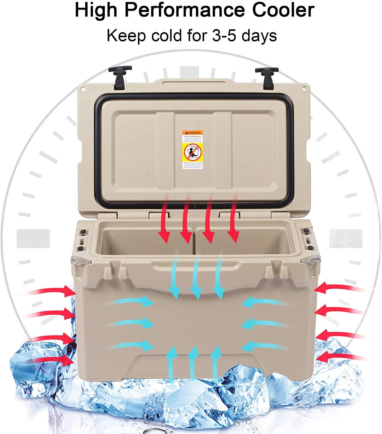 Rotomolded Cooler, 50QT Tan Cooler with Built-in Cup Holder, Bottle Openers, and Fish Ruler - Bosonshop