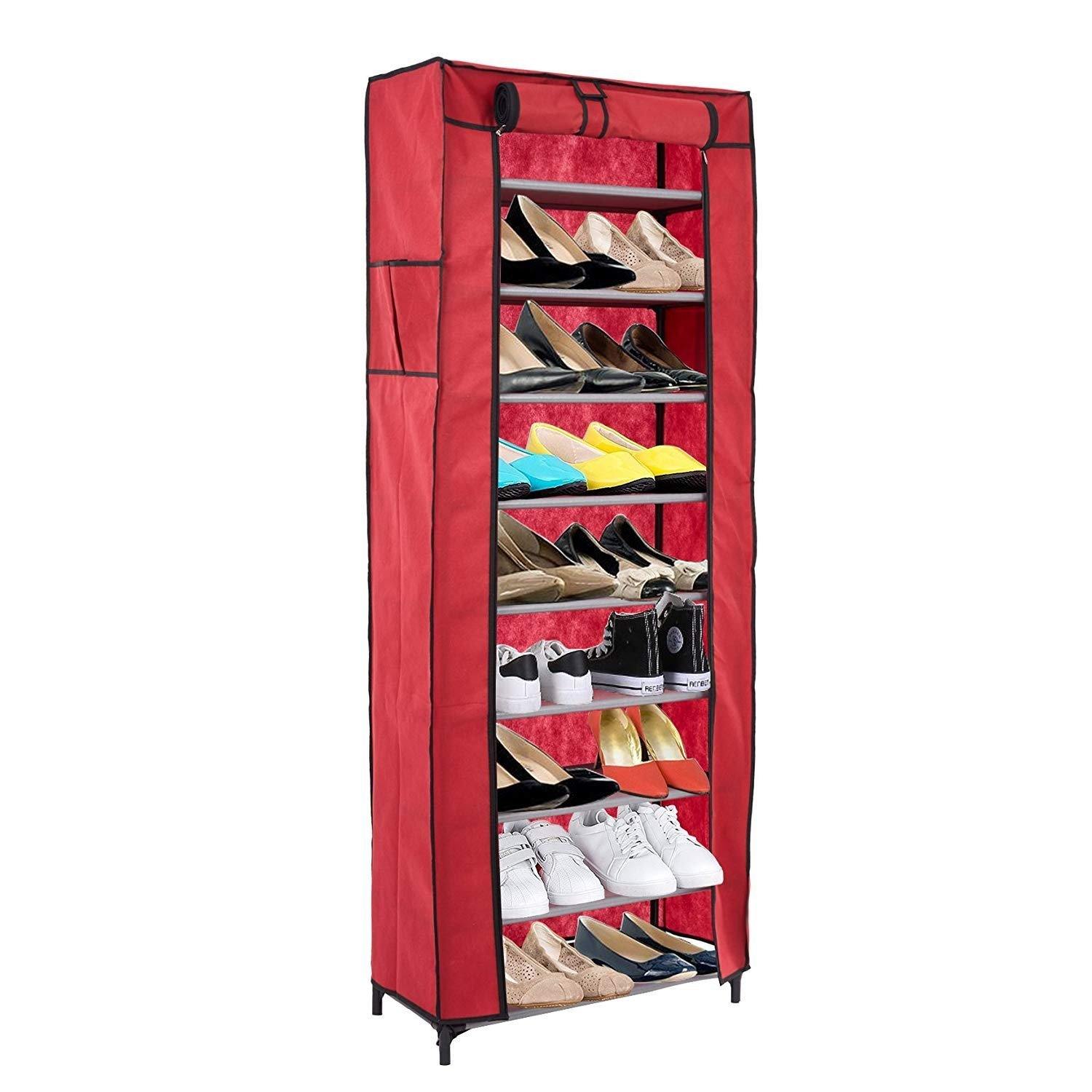 Bosonshop 10 Tiers Shoe Rack with Dustproof Cover Shoes Storage Cabinet Boot Organizer Red