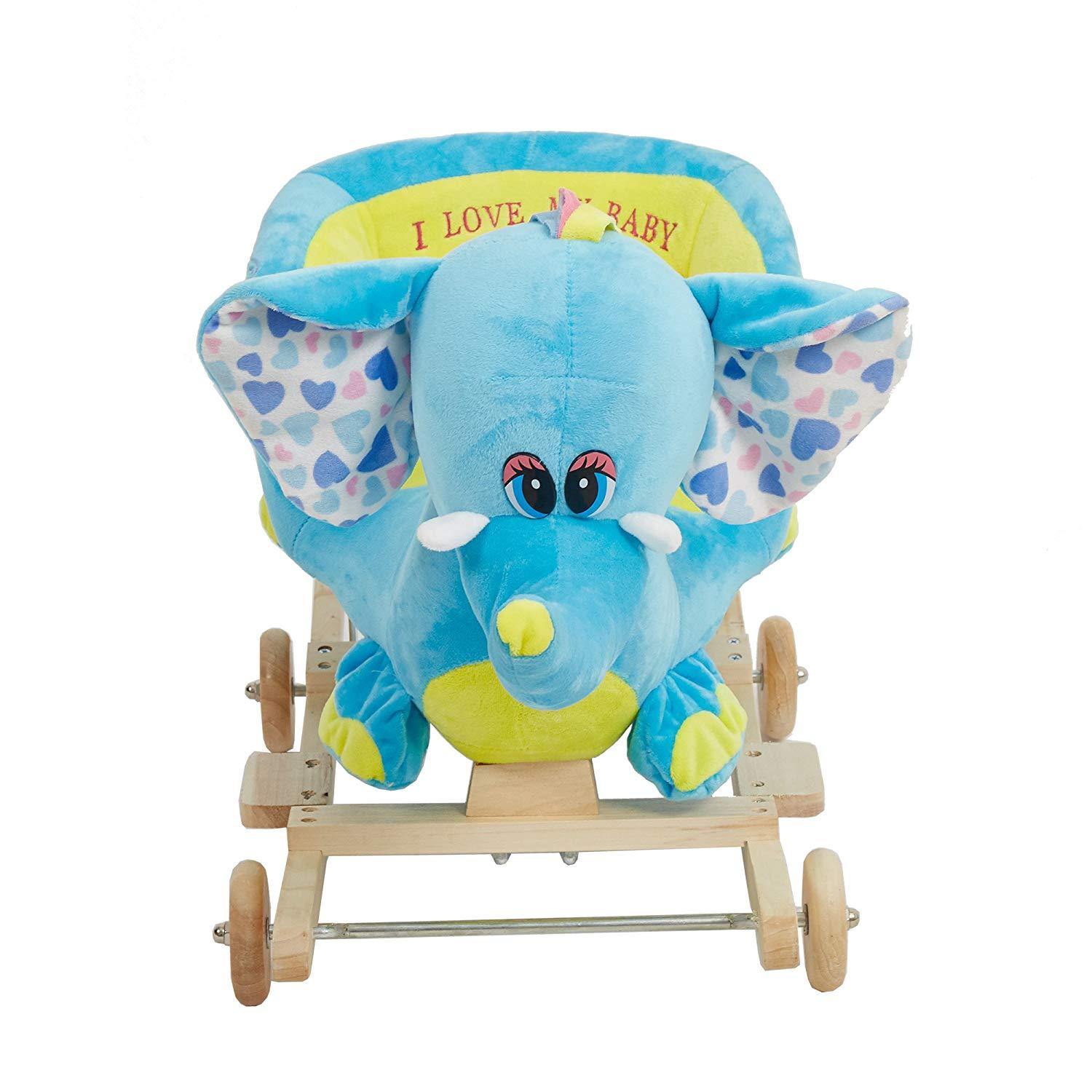 Bosonshop Plush Animal Rocking Horse with Wheels, Blue Elephant