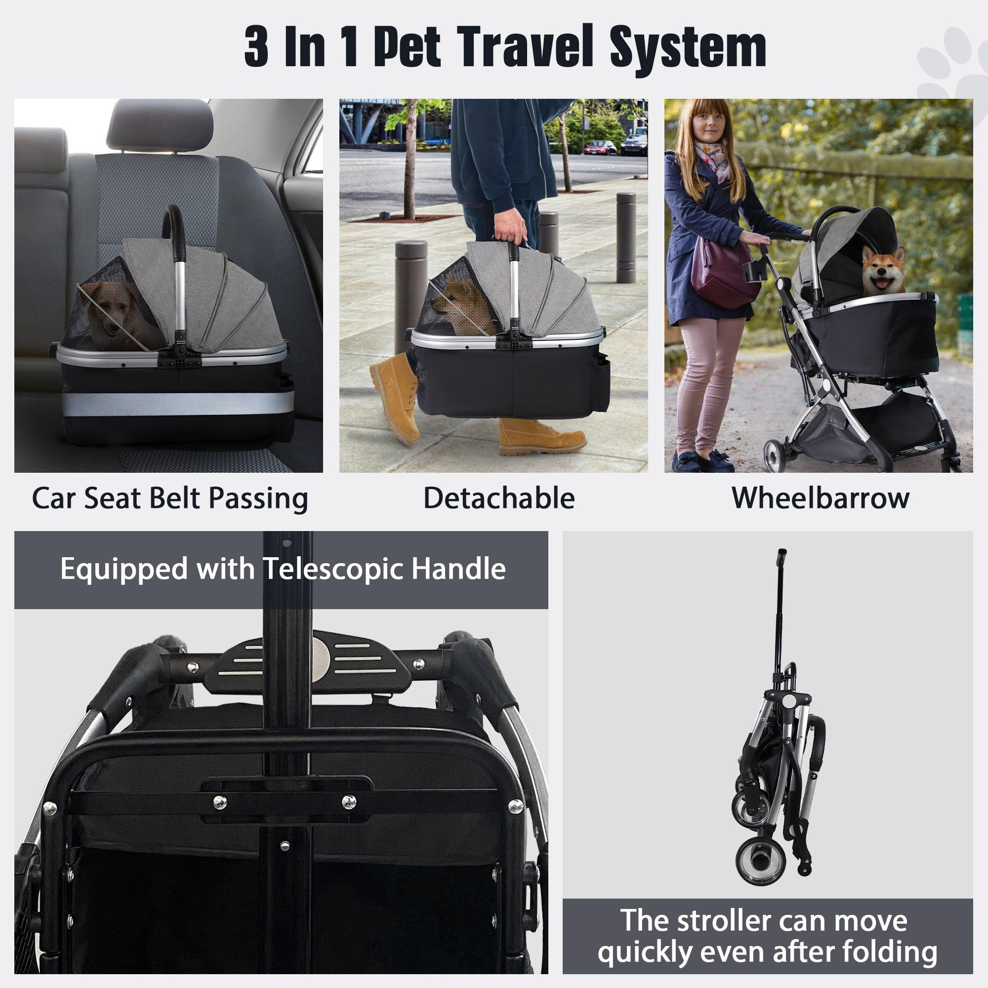 Foldable Pet Stroller 3 in 1 Design Detachable Carrier Telescopic Handle Aluminum Alloy Frame Up to 33 lbs Capacity Gray