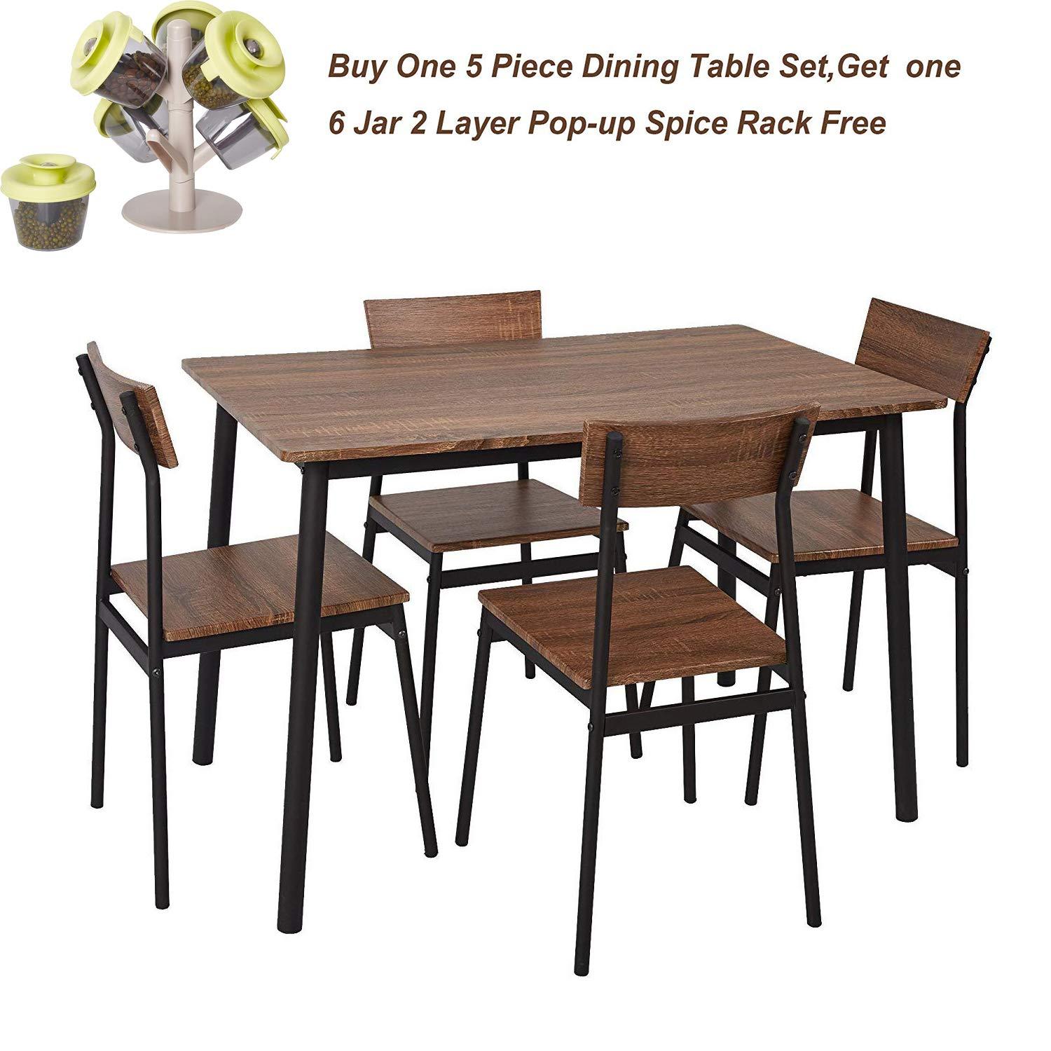 Bosonshop 5 Piece Wood Dining Table Set with Metal Legs, Retro Brown