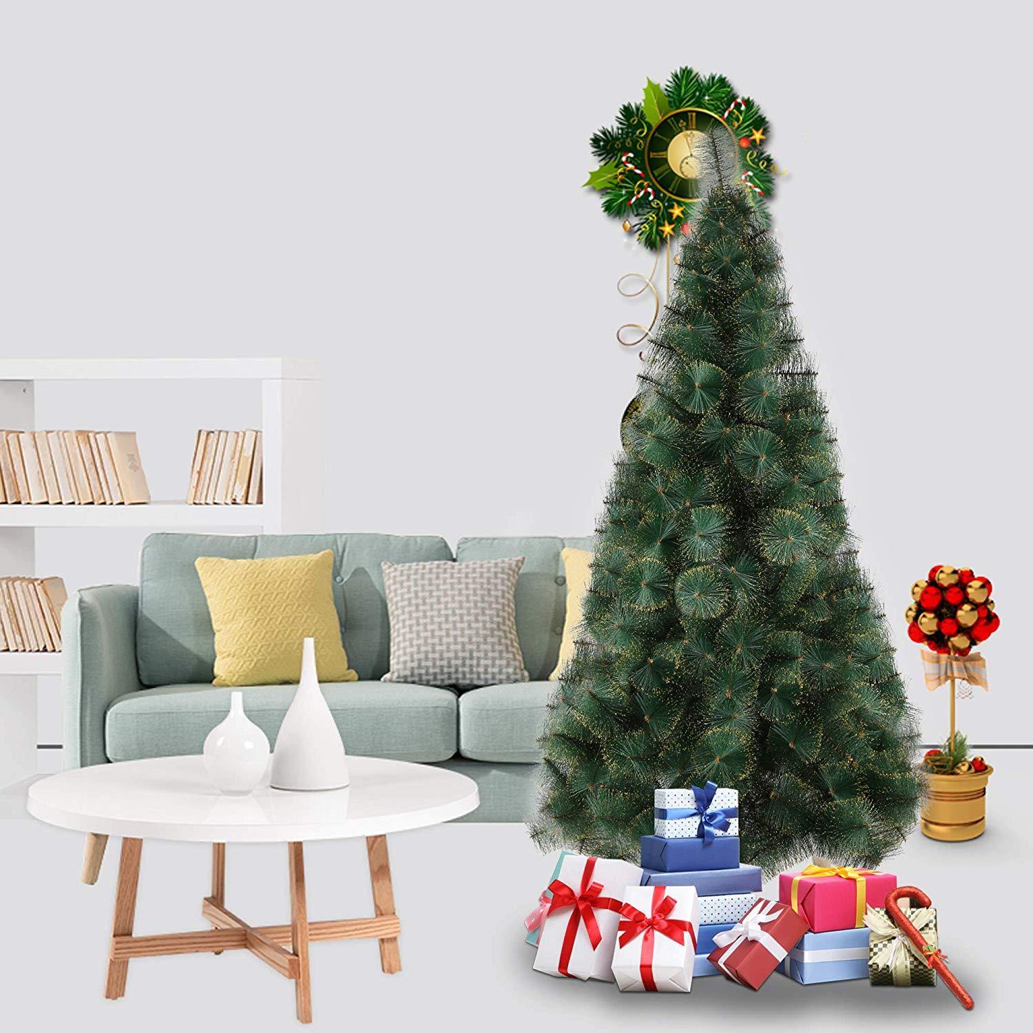 Bosonshop 7' Classic Pine Needle Tree Encrypted Artificial Christmas Tree Natural Branch with Solid Metal Bracket, Coniferous with Golden Highlights