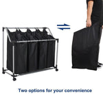 Bosonshop Heavy-Duty 4-Bag Rolling Laundry Sorter Storage Cart, Bag Laundry Organizer with Wheels（Black）