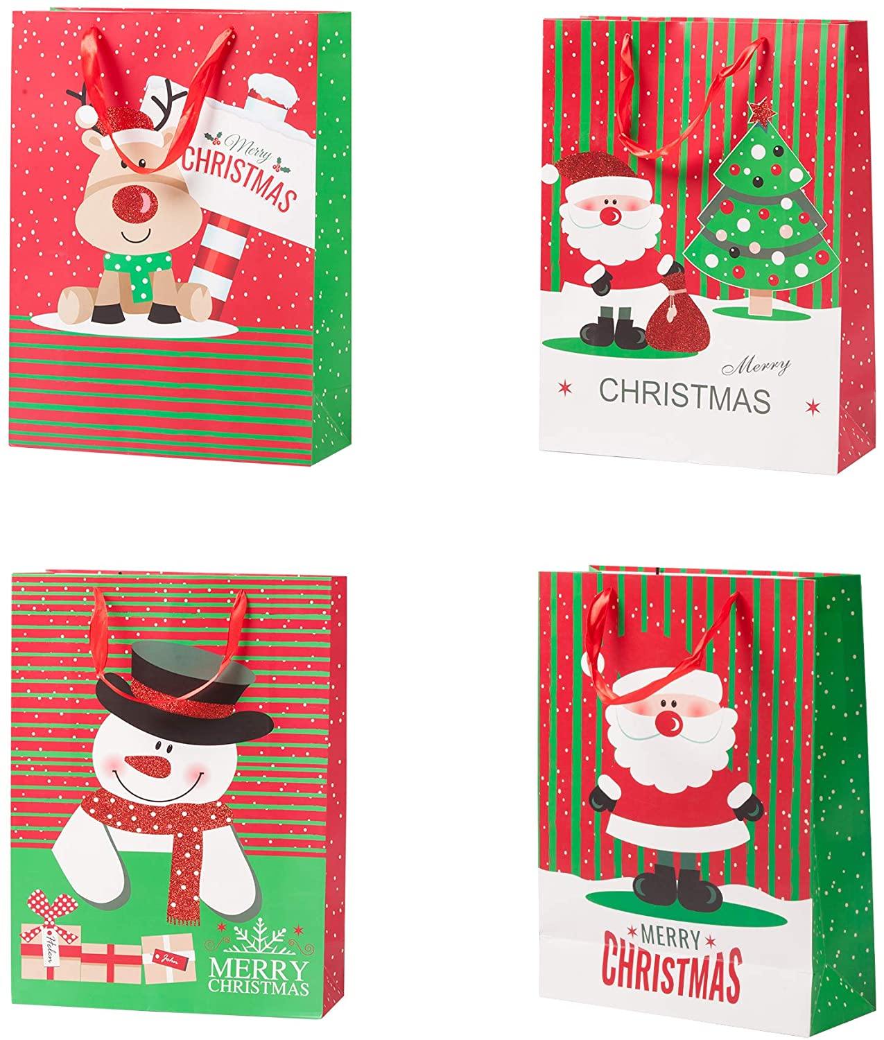 12 Pack Assorted Christmas Gift Bags with Small Medium Large Size, 4 Xmas Pattern Holiday Gift Bags with Tissue Paper, Bright - Bosonshop