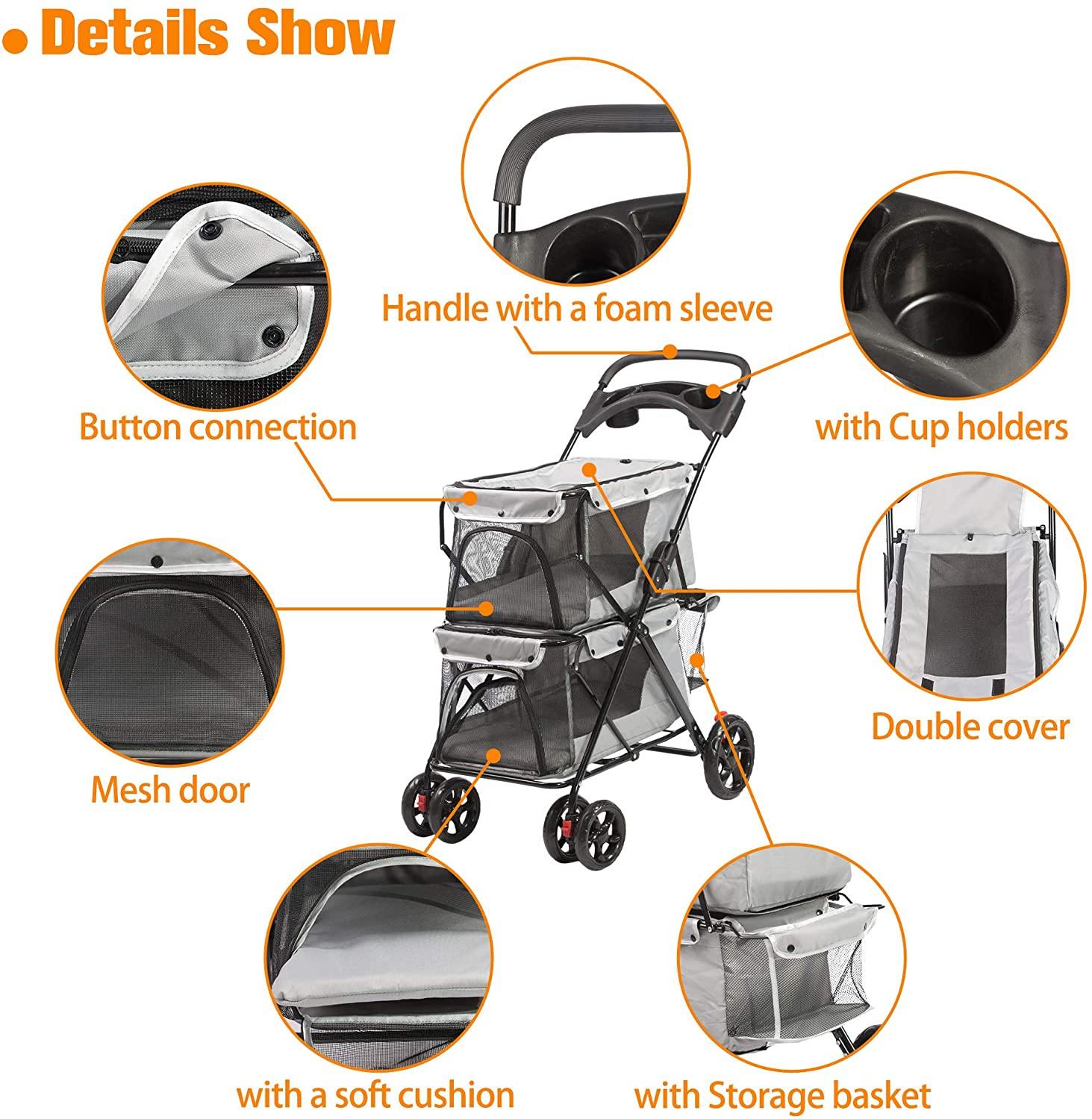 Double Decker Bus Pet Jogging Stroller for 2 Cats Dogs Travel Carrier