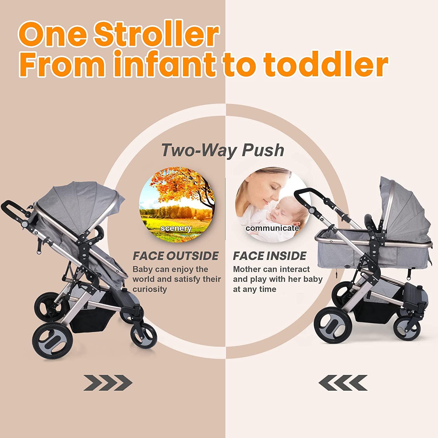2 in 1 Convertible Baby Stroller for Newborn, Toddler - High Landscape Infant Carriage, Foldable Aluminum Alloy Pushchair, Grey - Bosonshop