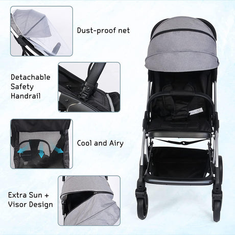 Lightweight Baby Stroller Compact Fold Travel Pushchair, with Adjustable Canopy & Backrest, Waterproof, 5-Point Safety Harness, Lights, Net, Grey - Bosonshop