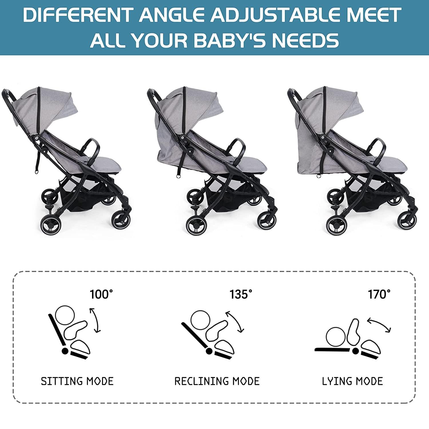 Baby Stroller All-Terrain Lightweight Foldable Compact Pushchair for Outdoor Travel - with Adjustable Canopy, Reclining Seat, Grey - Bosonshop