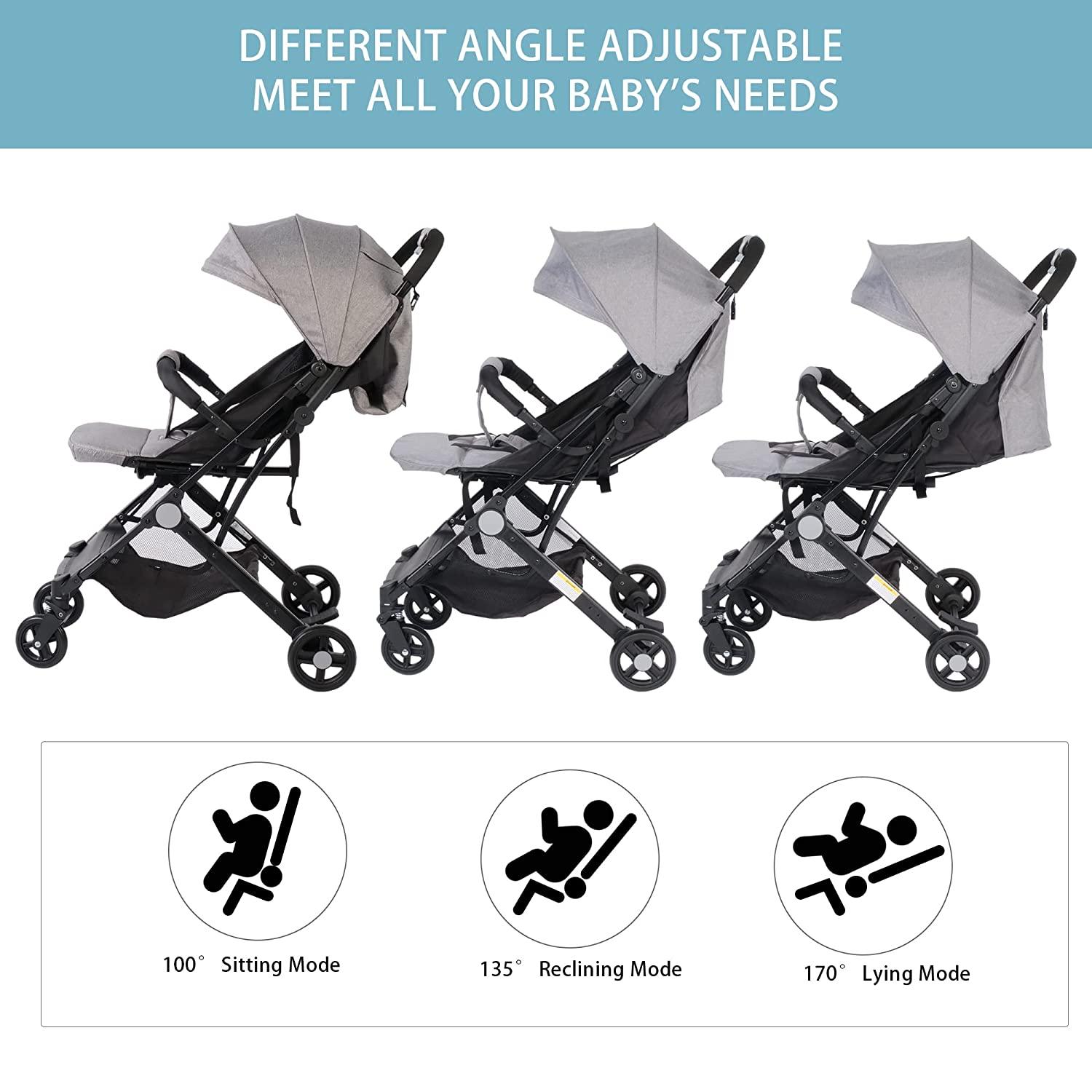 Foldable Compact Airplane Travel Strollers Lightweight Baby Stroller with One-Hand Fold Pushchair Adjustable Canopy and Backrest - Bosonshop