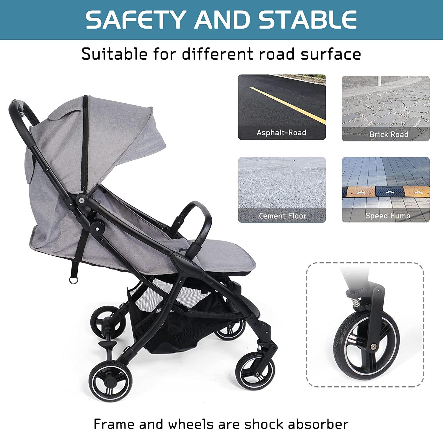 Baby Stroller All-Terrain Lightweight Foldable Compact Pushchair for Outdoor Travel - with Adjustable Canopy, Reclining Seat, Grey - Bosonshop