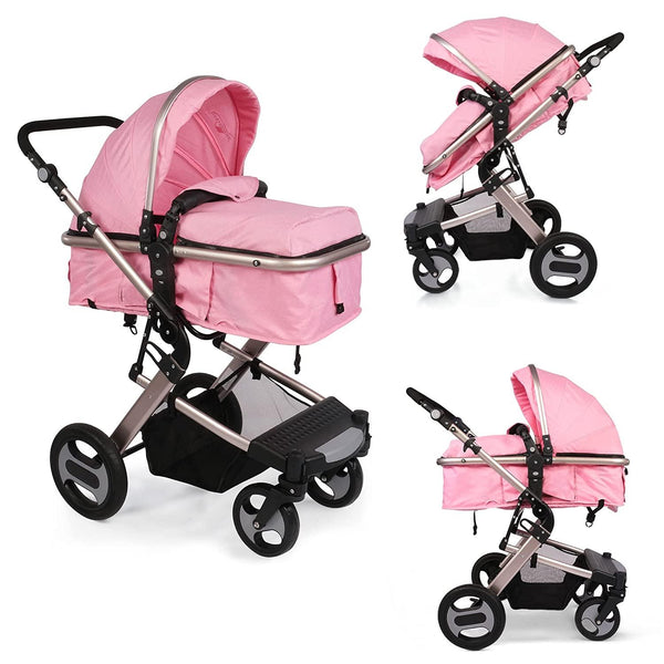(Out of Stock) 2 in 1 Foldable Baby Newborn Reversible Bassinet Pram Pushchair, with Foot Cover, Cup Holder, Adjustable Backrest & Canopy, Pink
