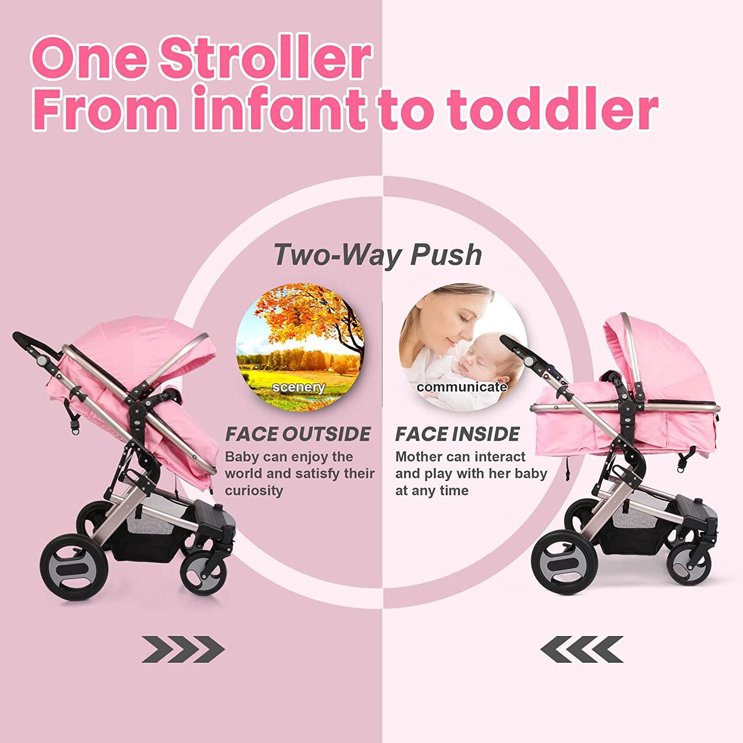 2 in 1 Convertible Baby Stroller for Newborn, Toddler - High Landscape Infant Carriage, Foldable Aluminum Alloy Pushchair, Pink - Bosonshop