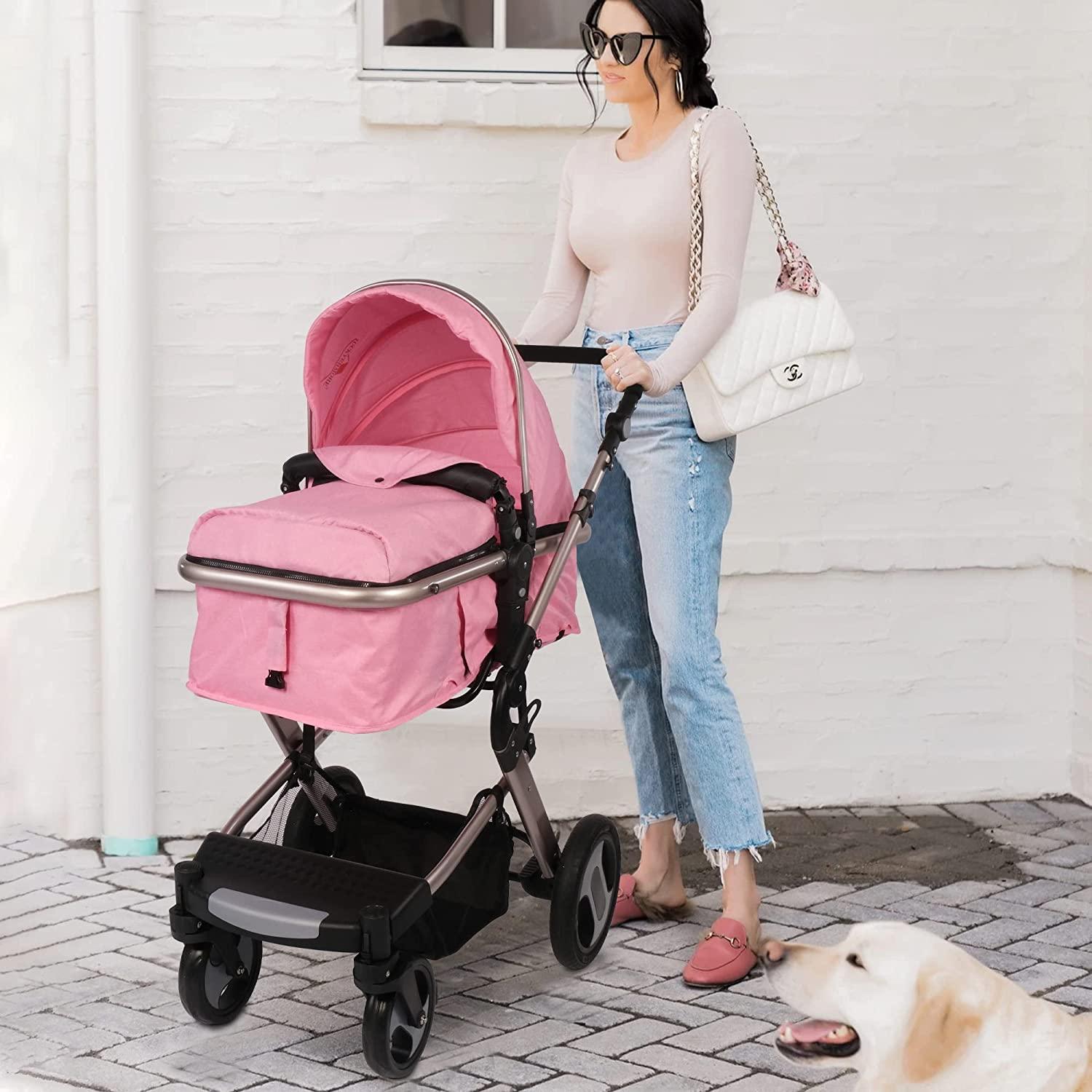 2 in 1 Convertible Baby Stroller for Newborn, Toddler - High Landscape Infant Carriage, Foldable Aluminum Alloy Pushchair, Pink - Bosonshop