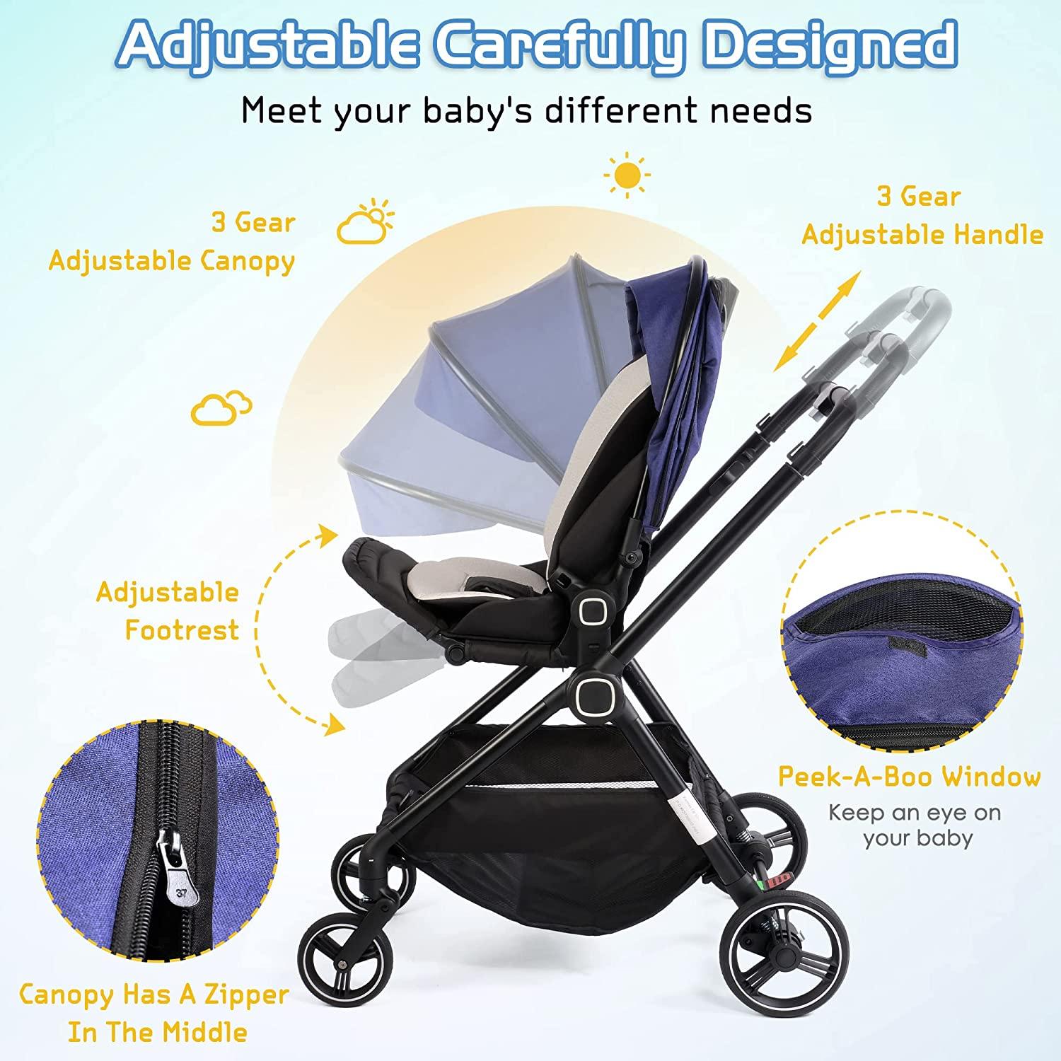 2 in 1 Convertible Baby Stroller Carriage Bassinet to Stroller Adjustable Footrest & Canopy, 5-Point Seat Belt, Lightweight Aluminum Frame, Blue - Bosonshop