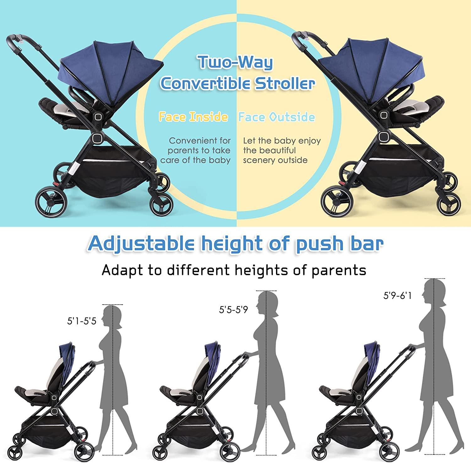 2 in 1 Convertible Baby Stroller Carriage Bassinet to Stroller Adjustable Footrest & Canopy, 5-Point Seat Belt, Lightweight Aluminum Frame, Blue - Bosonshop