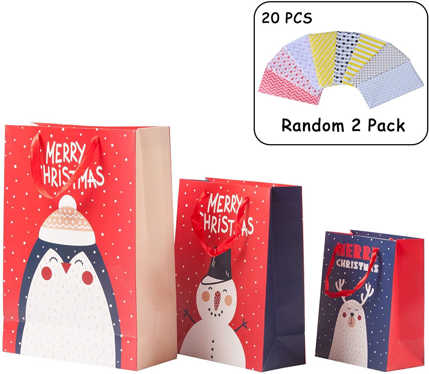 12 Pack Assorted Christmas Gift Bags with Small Medium Large Size, 4 Xmas Pattern Holiday Gift Bags with Tissue Paper, Colorful with Glitter - Bosonshop