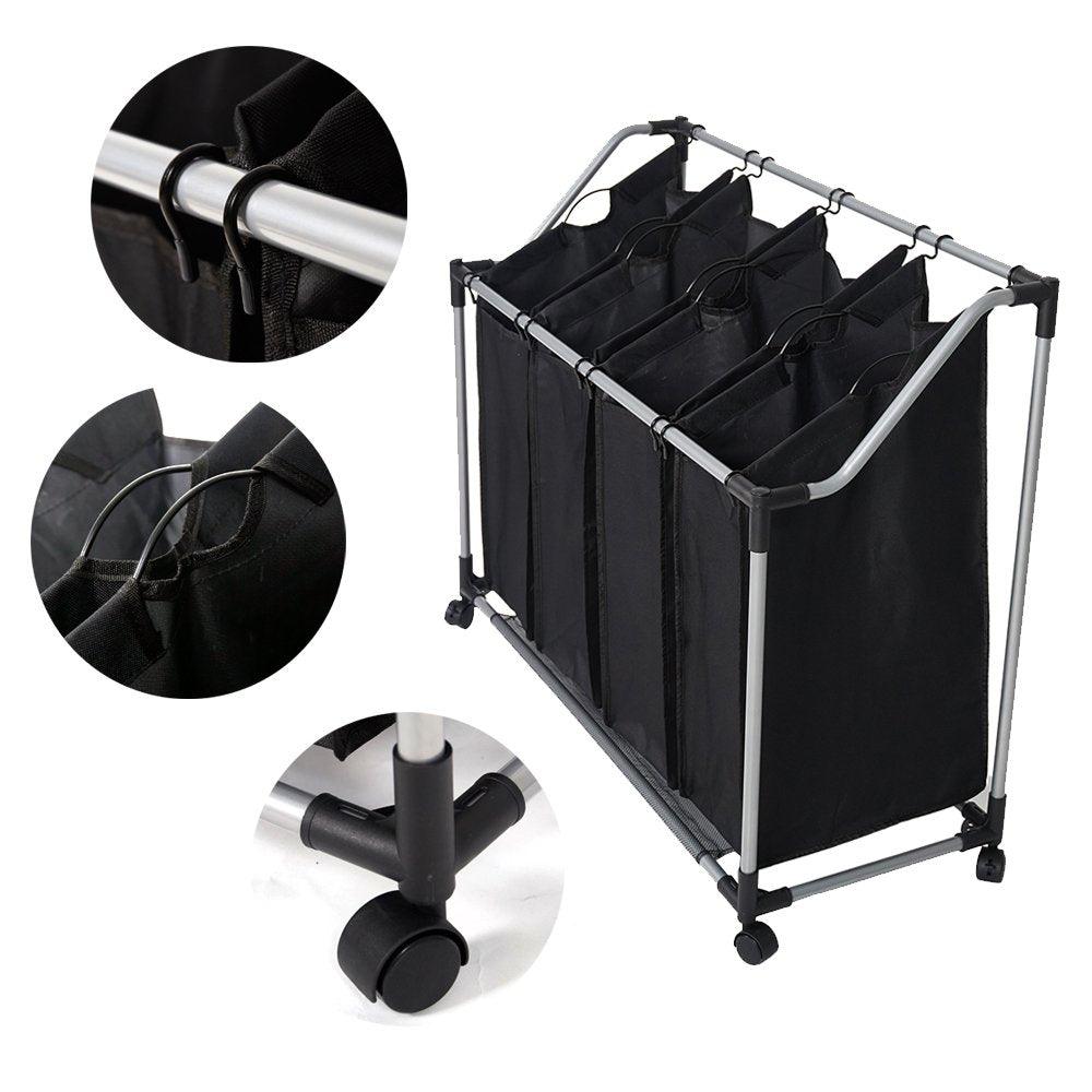 Bosonshop Heavy-Duty 4-Bag Rolling Laundry Sorter Storage Cart, Bag Laundry Organizer with Wheels（Black）