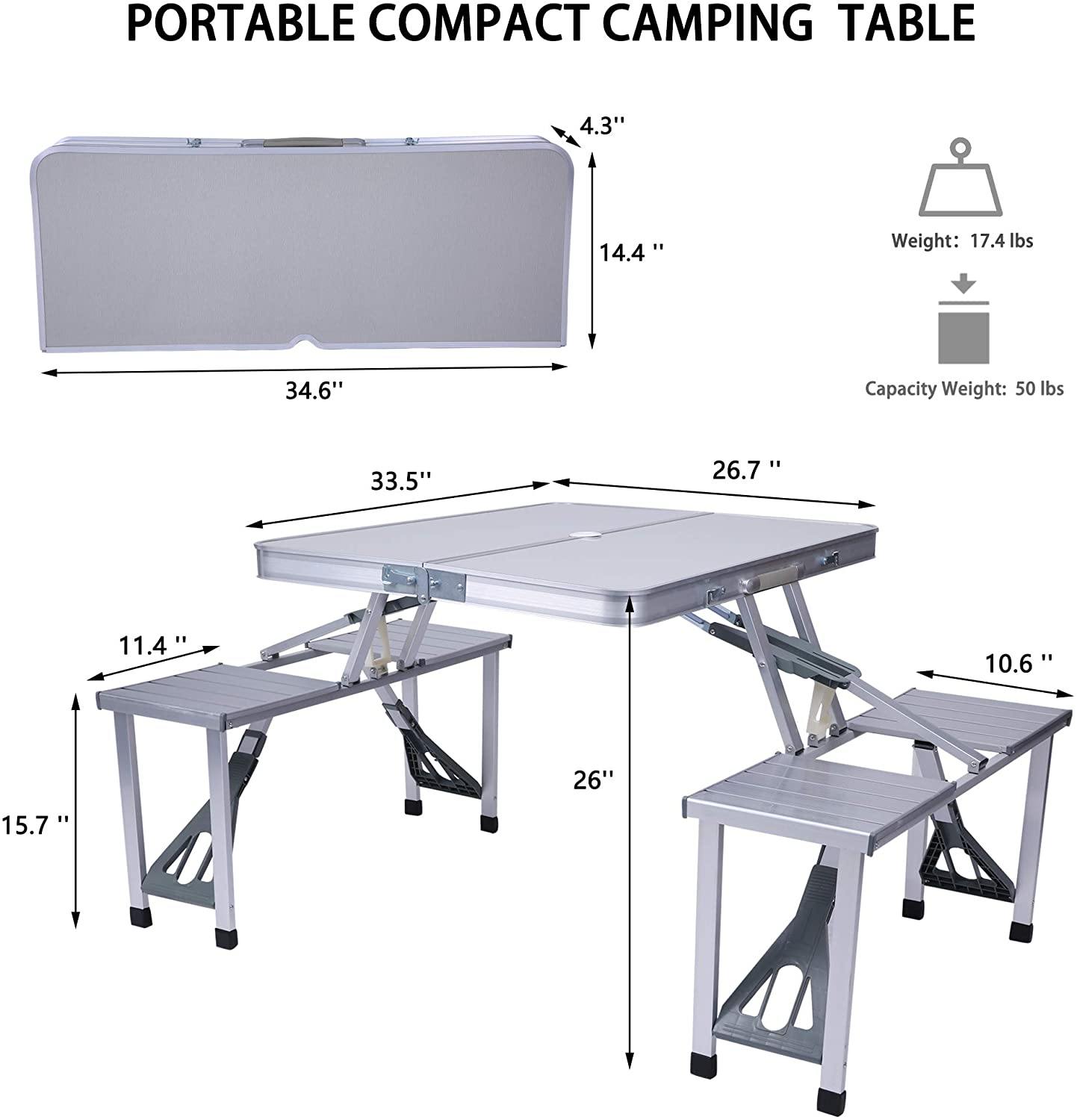 Picnic Table Portable Folding Camping Table Chair Set for Camping Hiking 4 Person Fold Up Travel Picnic Table with Seats Chairs and Umbrella Hole - Bosonshop