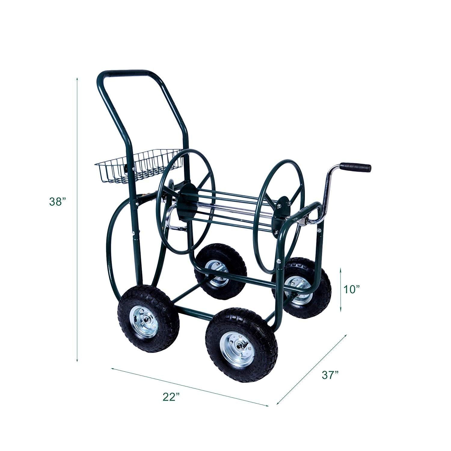 Bosonshop 4 Wheels Heavy Duty Garden Hose Reel Cart with Storage Basket,Holds 390FT Hose