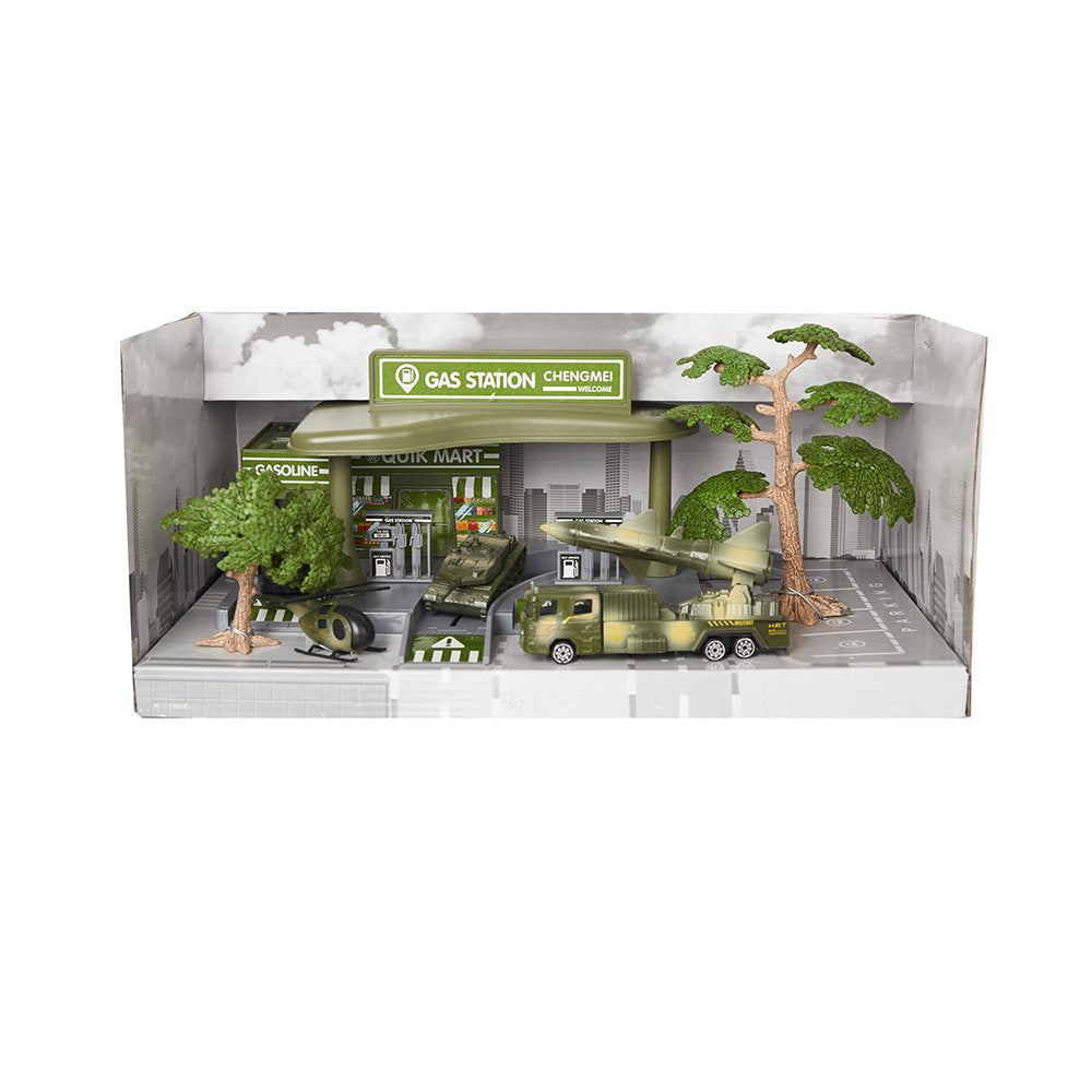 Bosonshop Pretend Toddler's Military Gasoline Station Toy Set with Cars, Green Color Army Men Vehicles