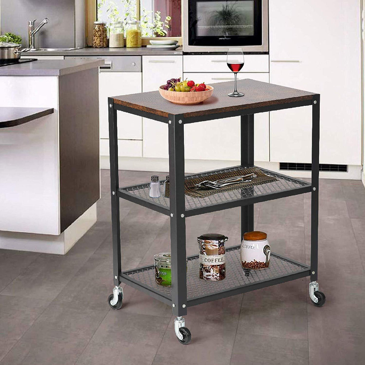 3-Tier Modern Style Storage Rack with Wheels - Steel Movable Storage ...