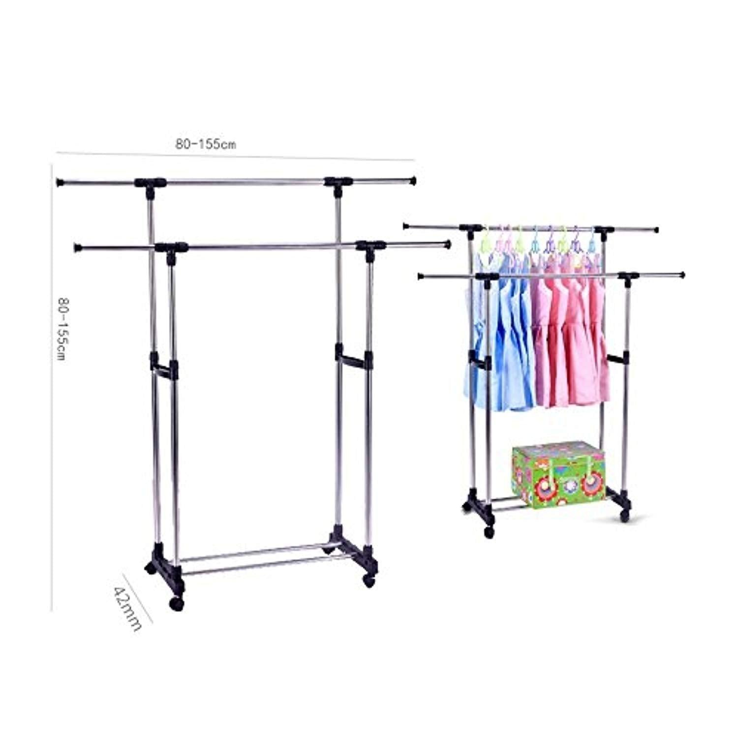 Bosonshop Double Rods Adjustable Clothes Rack Rolling Garment Rack with Shoe storage and Bottom Wheels