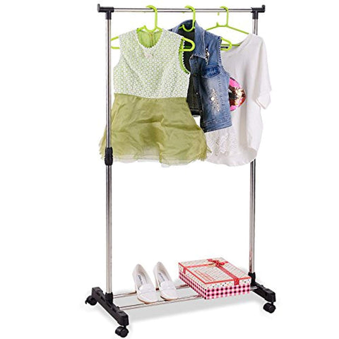 Bosonshop Single Rod Adjustable Rolling Clothes Garment Rack with Wheels Storage Shelves