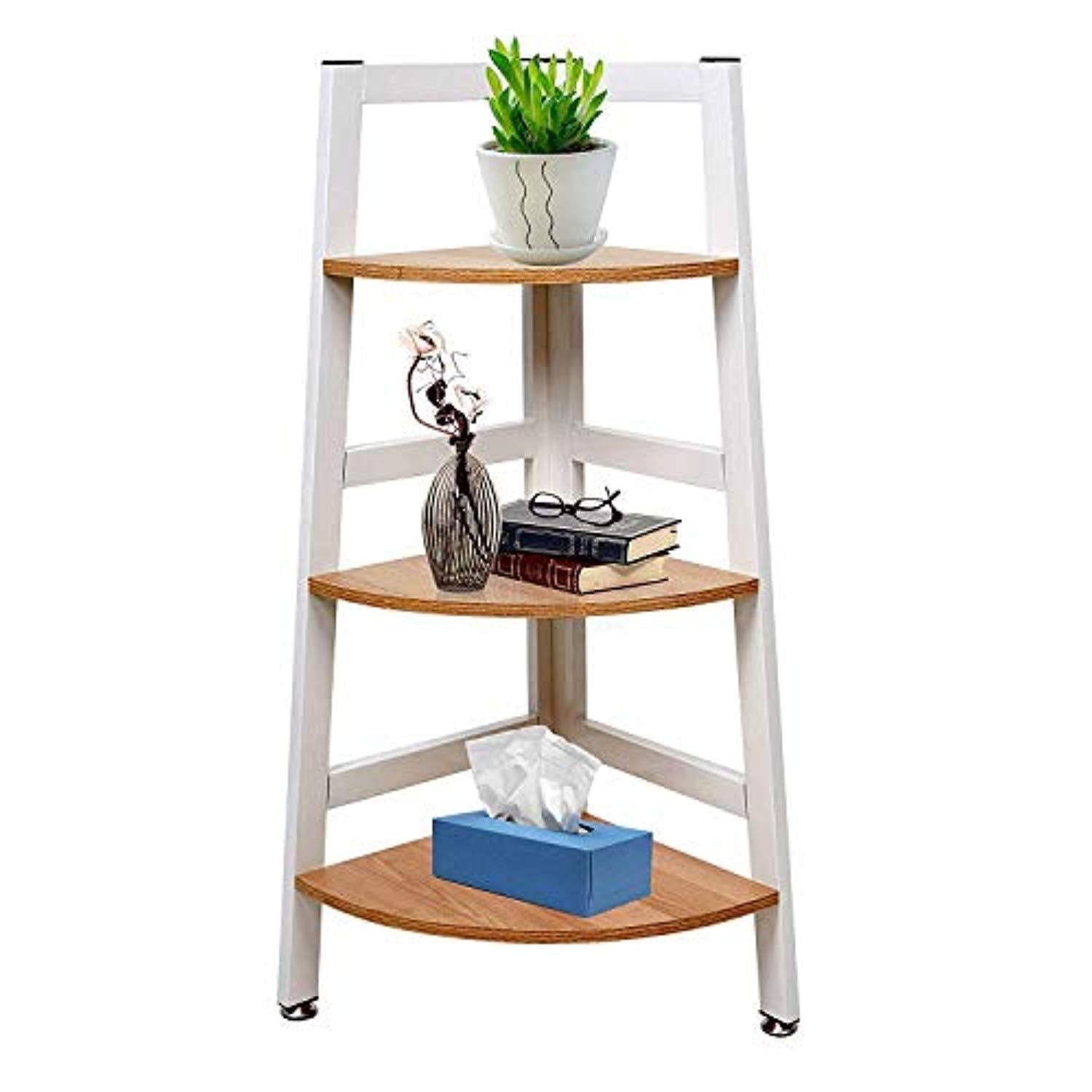 Bosonshop 3-Tier Wood Free Standing Corner Shelf with Metal Frame Oak&White