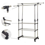 Bosonshop Adjustable 3-Tier Double rails Colthes Hanging Rack Folding Garment Rack With Wheels and Shelf