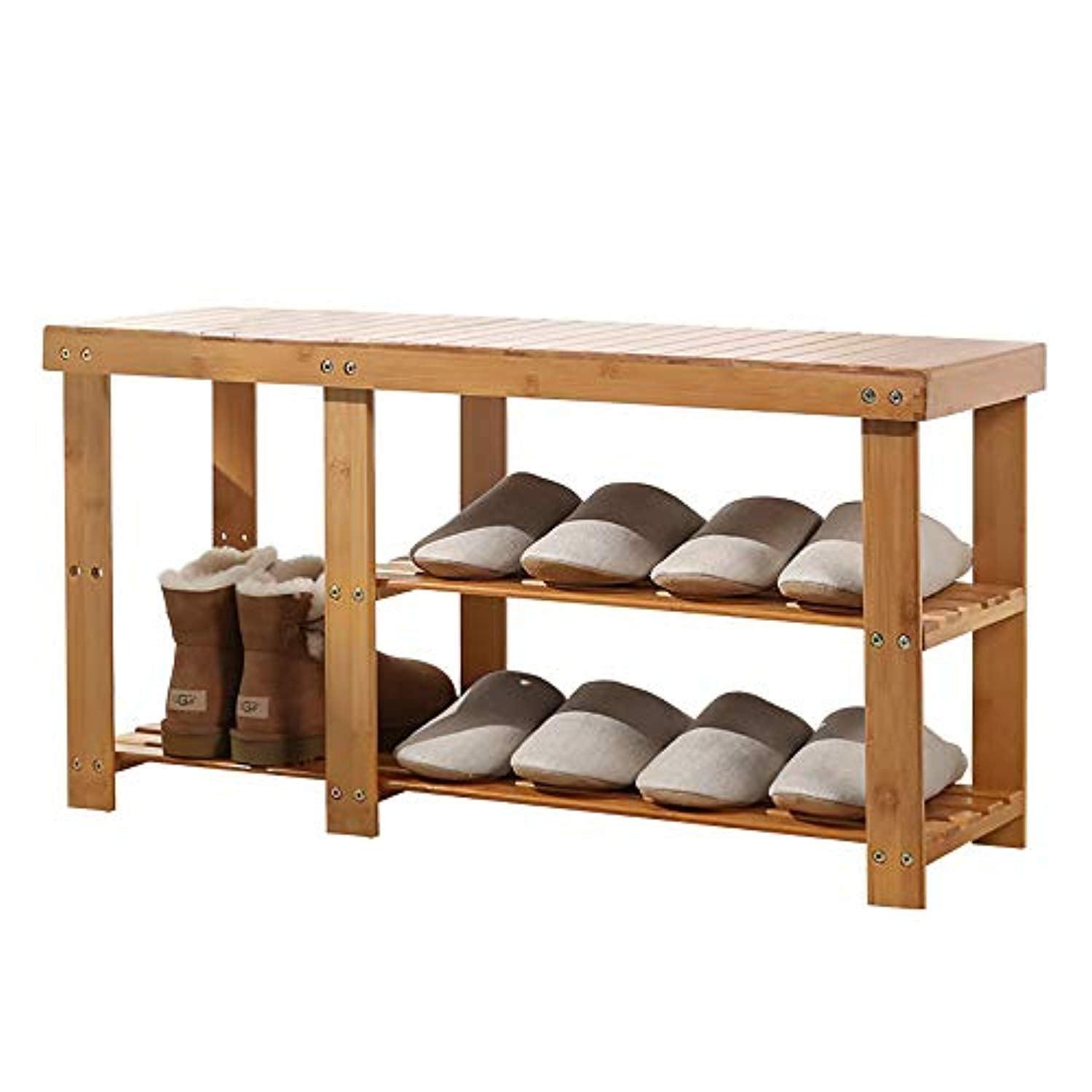 Bosonshop Natural Bamboo Shoe Bench 2-Tier Boot Storage Racks Shelf Footwear Organizer Seat