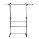 Bosonshop Adjustable 3-Tier Double rails Colthes Hanging Rack Folding Garment Rack With Wheels and Shelf