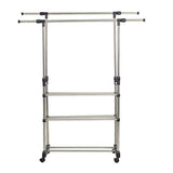 Bosonshop Adjustable 3-Tier Double rails Colthes Hanging Rack Folding Garment Rack With Wheels and Shelf