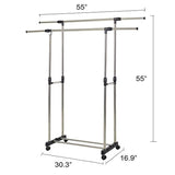 Bosonshop Adjustable Double Rail Heavy Duty Garment Rack Clothes Rack with Wheels Free Standing Black