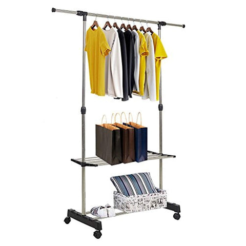 Bosonshop Clothes Rack Adjustabale Single Garment Rack With Shelves With Wheels Black