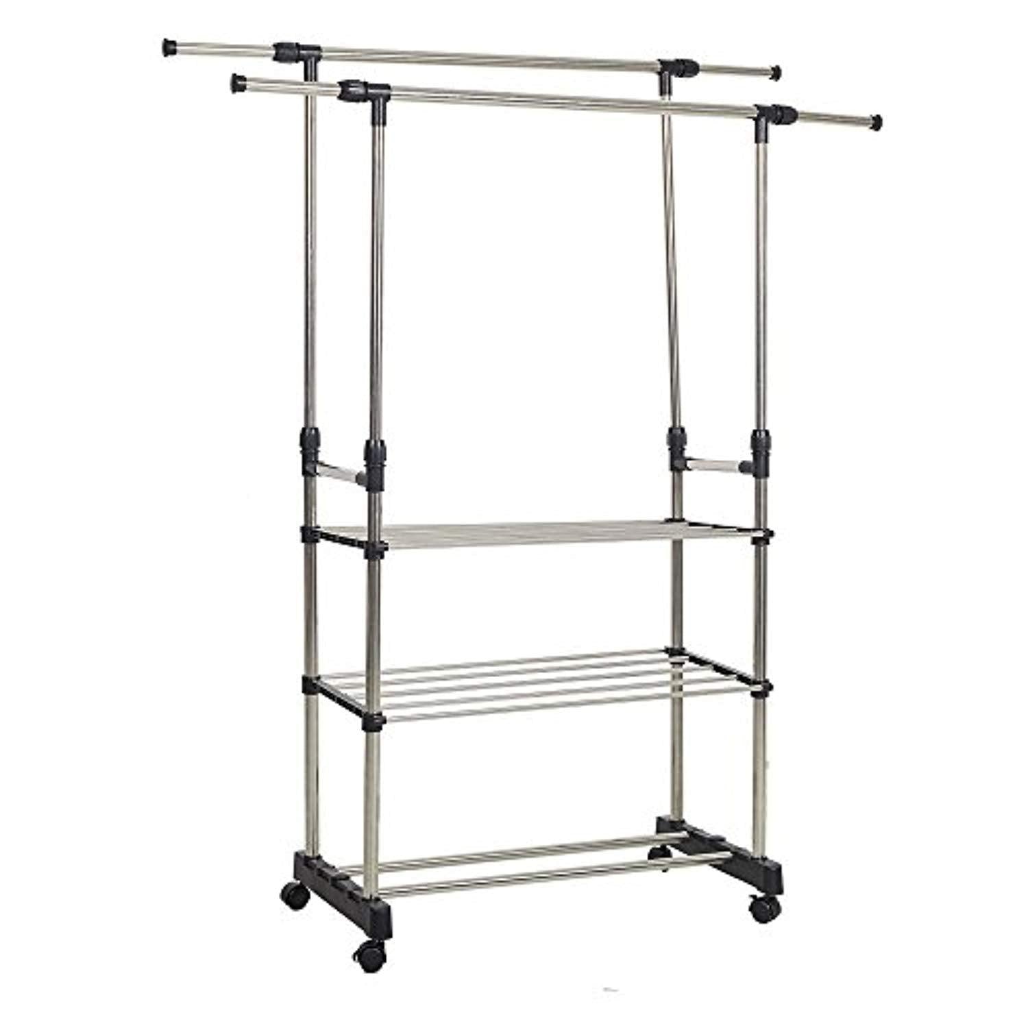 Bosonshop Adjustable 3-Tier Double rails Colthes Hanging Rack Folding Garment Rack With Wheels and Shelf