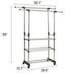 Bosonshop Adjustable 3-Tier Double rails Colthes Hanging Rack Folding Garment Rack With Wheels and Shelf