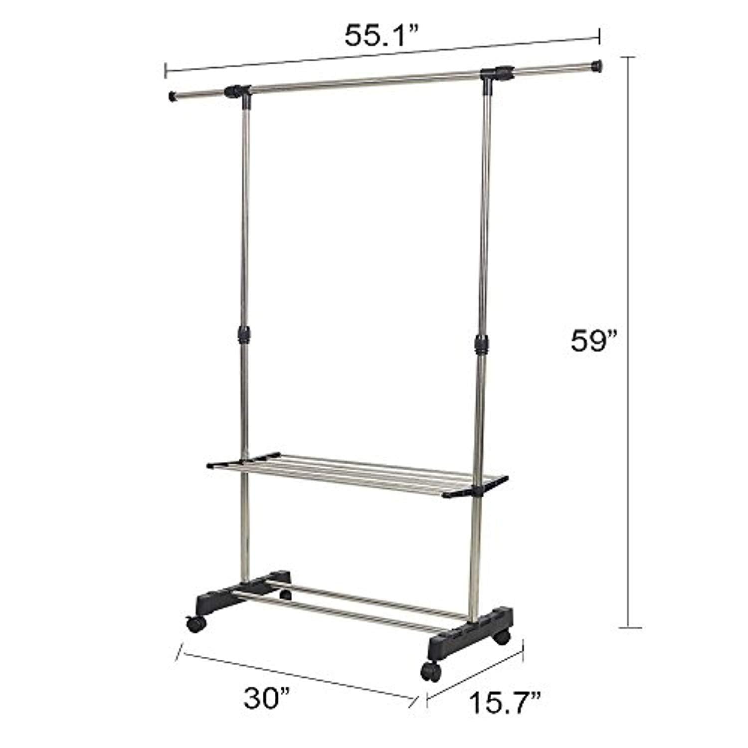 Bosonshop Clothes Rack Adjustabale Single Garment Rack With Shelves With Wheels Black