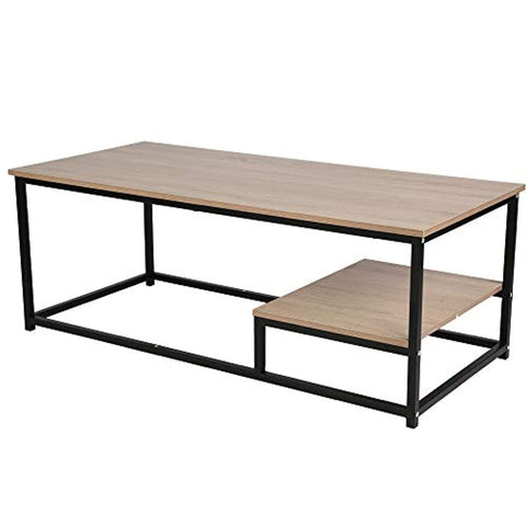 Bosonshop Coffee Table Nordic Style Rectangular Cocktail Table Wood Top Black Metal Box Frame with Storage Shelf