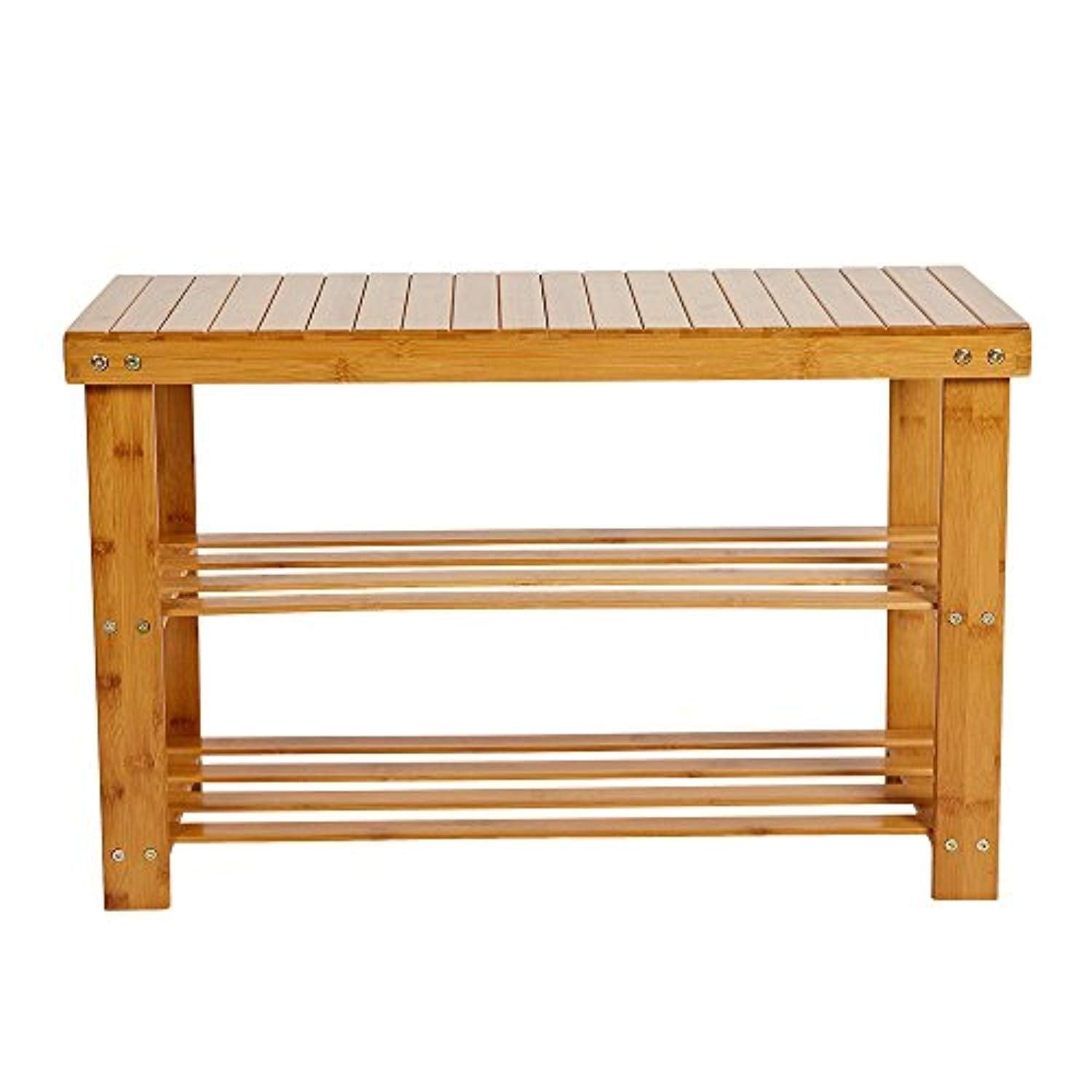 Bosonshop Bamboo Shoes Storage Rack 2-Tier Shoe Bench Seat for Entryway Shelf Organizer for Hallway