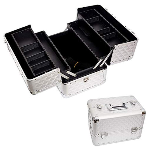 Bosonshop Professional Makeup Train Case with 4 Sliding Trays and Adjustable Dividers with 2 Lock&Keys,Silver