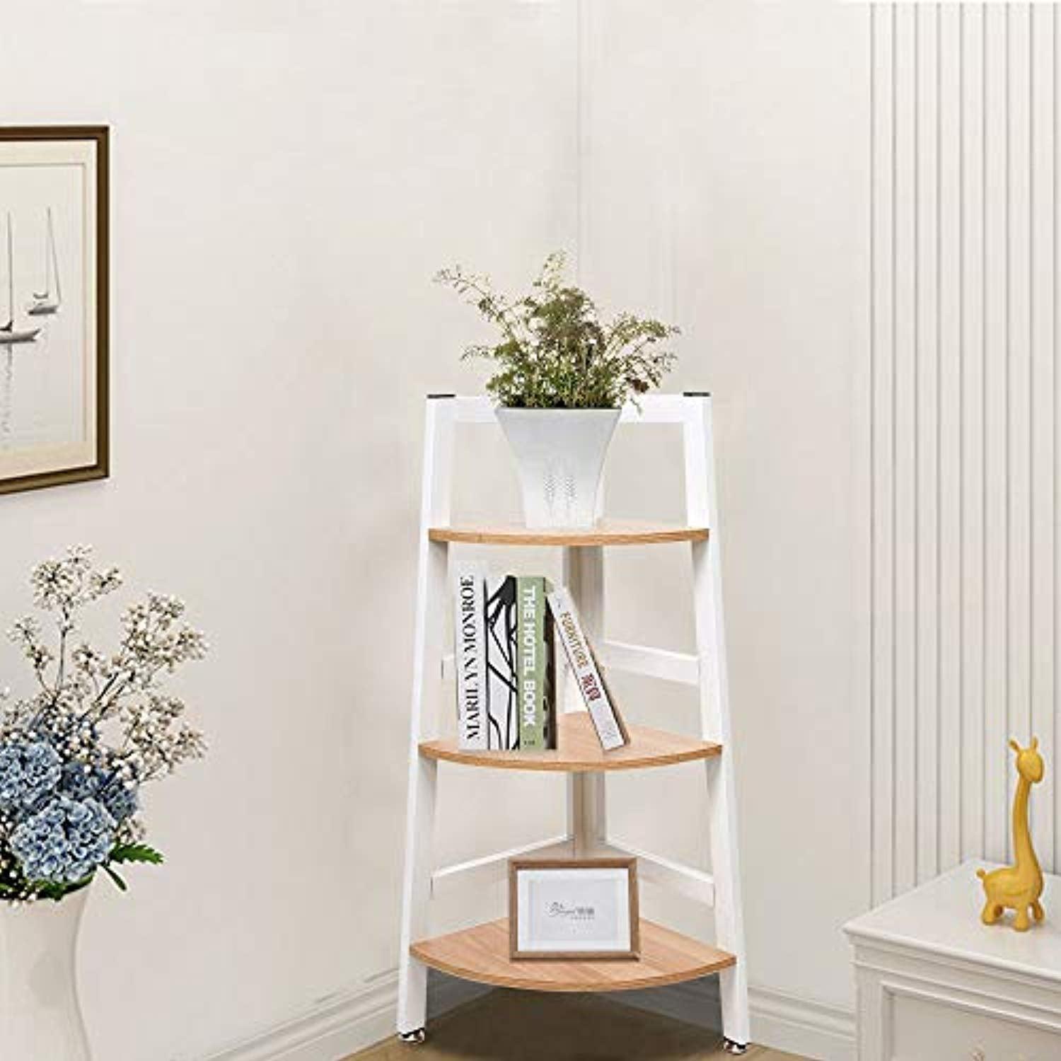 Bosonshop 3-Tier Wood Free Standing Corner Shelf with Metal Frame Oak&White