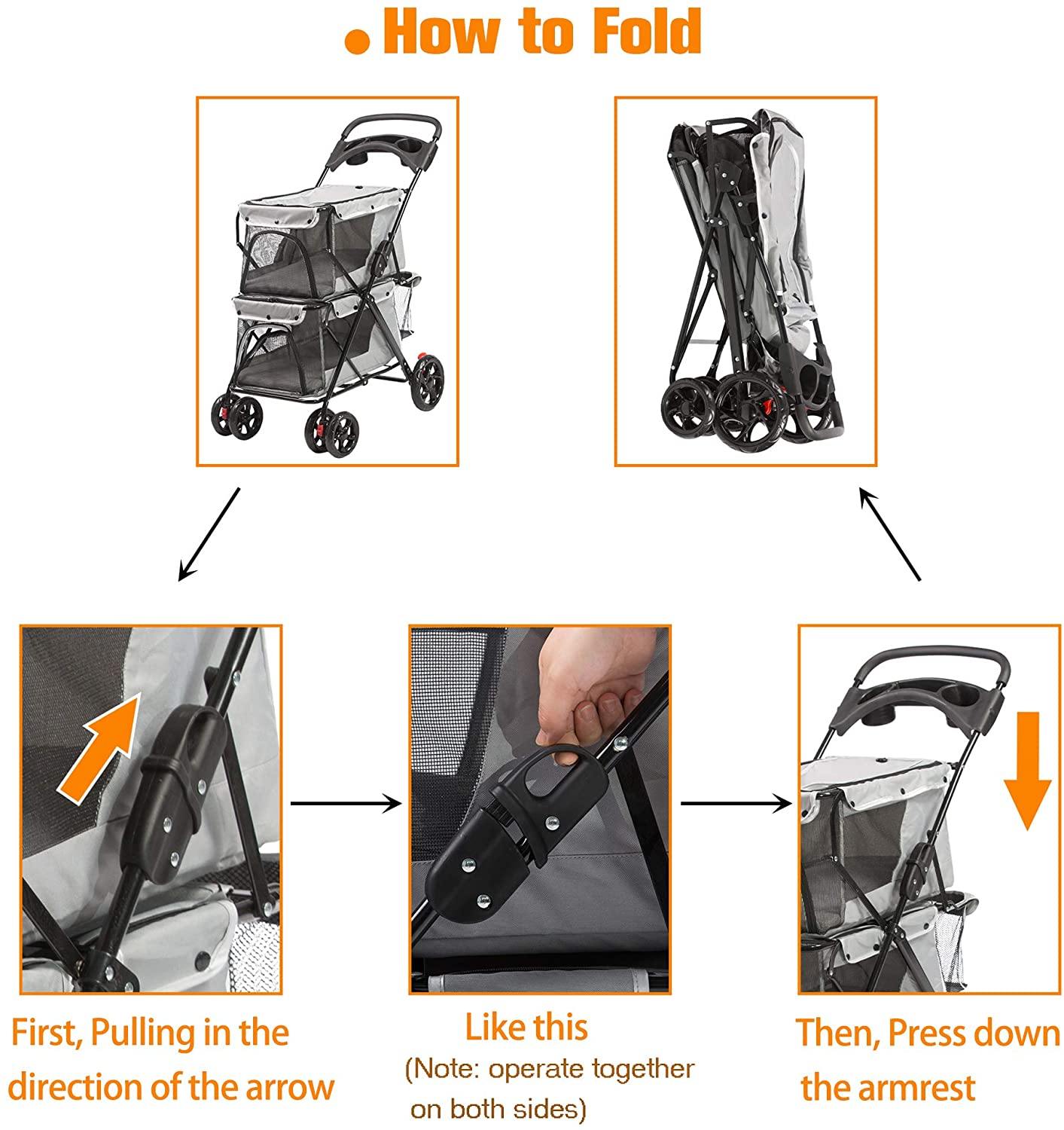 Folding Premium Double Dog & Cat Stroller Pet Stroller With Travel Carrier Cage, Grey - Bosonshop