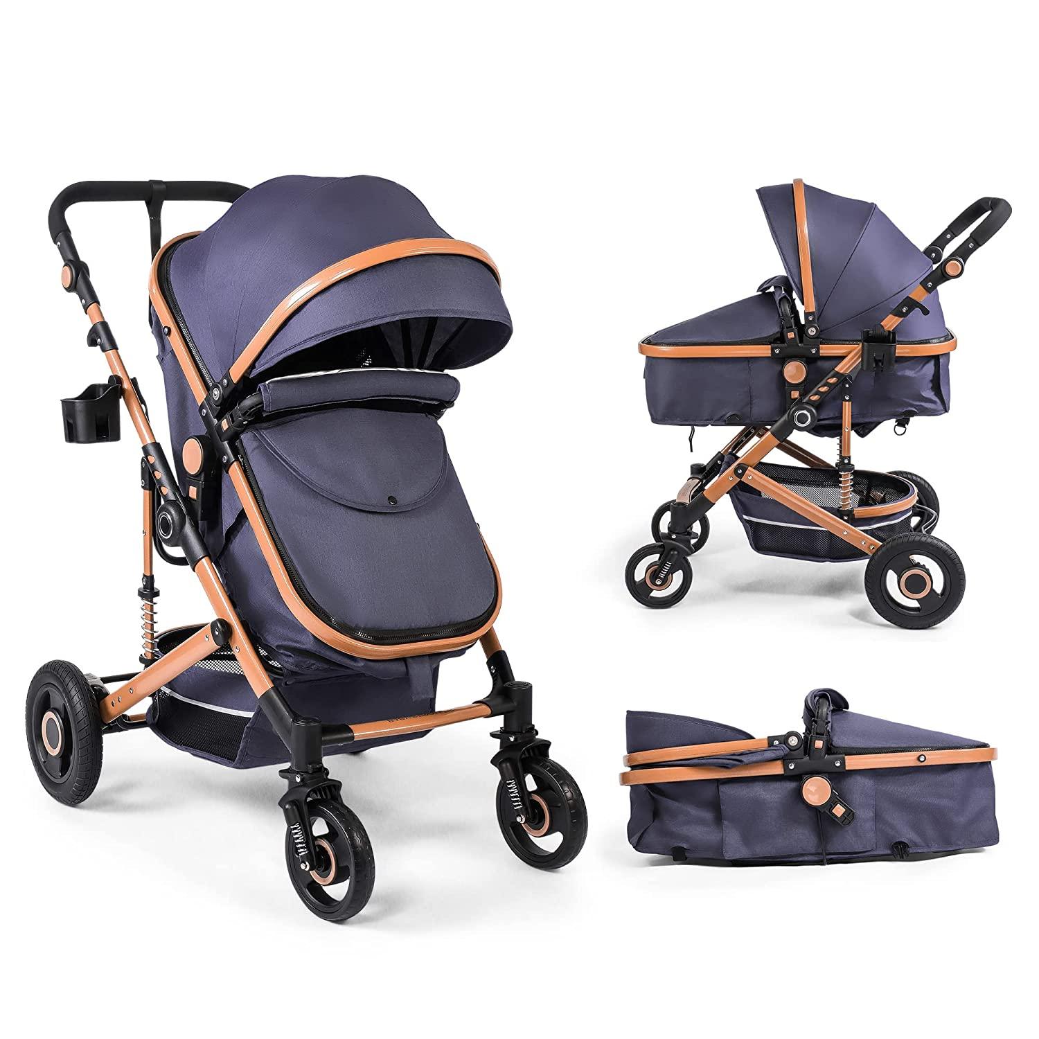 2 in 1 Newborn Bassinet to Toddler Stroller - Infant Aluminum Pushchair with Reversible Seat, Foot Cover, Wheels Suspension, Adjustable Backrest - Bosonshop