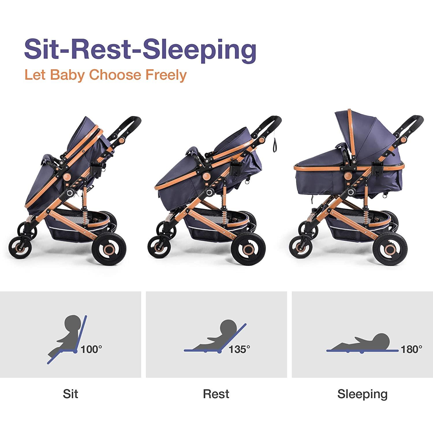 2 in 1 Newborn Bassinet to Toddler Stroller - Infant Aluminum Pushchair with Reversible Seat, Foot Cover, Wheels Suspension, Adjustable Backrest - Bosonshop