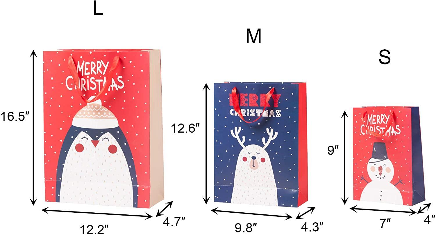 12 Pack Assorted Christmas Gift Bags with Small Medium Large Size, 4 Xmas Pattern Holiday Gift Bags with Tissue Paper, Colorful with Glitter - Bosonshop