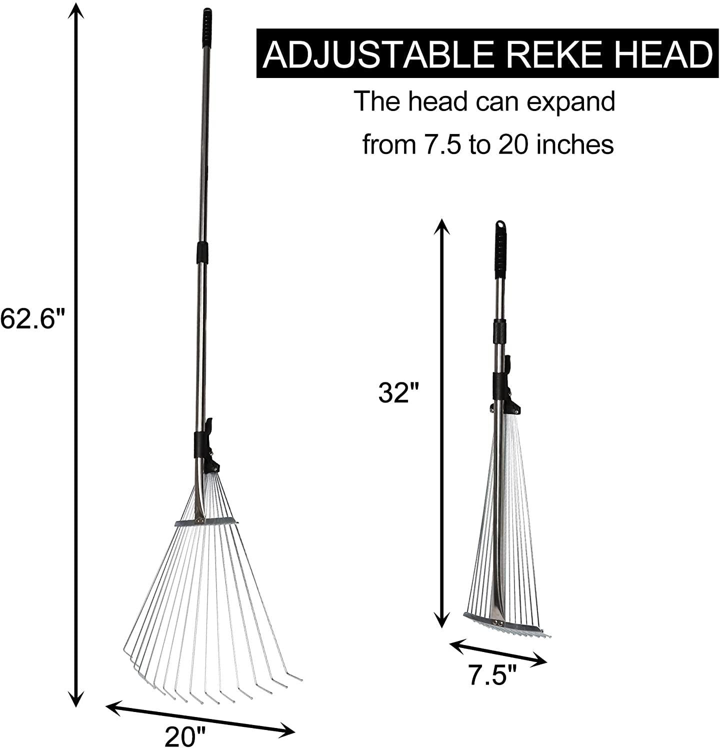 Garden Leaf Rake Adjustable Lightweight 62.6