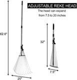 Garden Leaf Rake Adjustable Lightweight 62.6 Inches Telescopic Metal Rake with Expandable 7.5”-20” Width Folding Head - Bosonshop