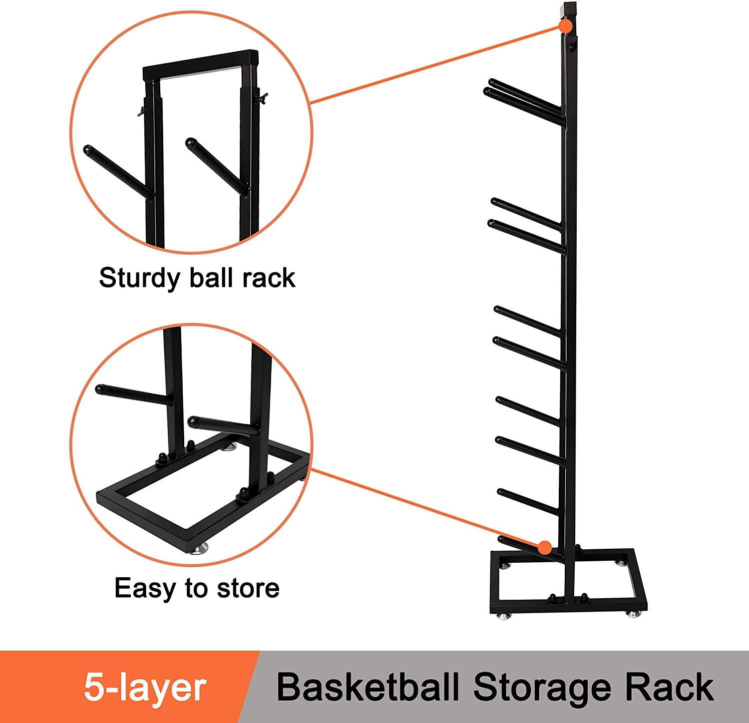 Ball Storage Rack 5-Layer Basketball Holder Shelf Sports Equipment Organizer Iron Black 15.8" X 9.9" X 61" - Bosonshop